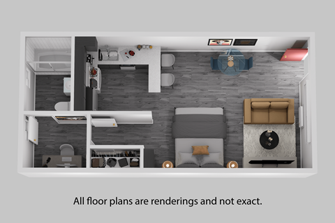 A 3D rendered image of a modern apartment layout.
